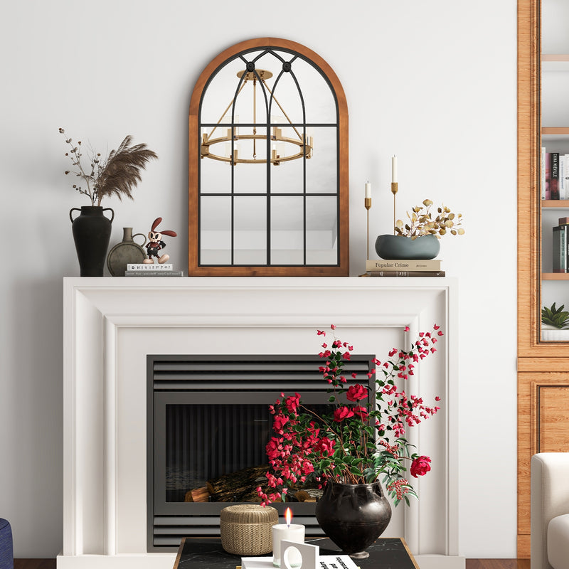 Arched Window Finished Mirror with Back Board-Natural