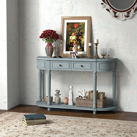 52 inches Retro Console Table with 2 Drawers and Open Shelf Entryway Sofa Table-Blue