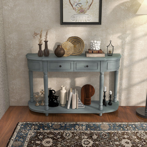 52 inches Retro Console Table with 2 Drawers and Open Shelf Entryway Sofa Table-Blue