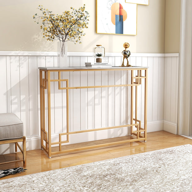 Modern Console Table with Geometric Frame and Faux Marble Tabletop-White