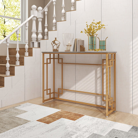 Modern Console Table with Geometric Frame and Faux Marble Tabletop-White